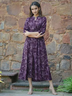 Purple Printed Silk Fit and Flare Dress