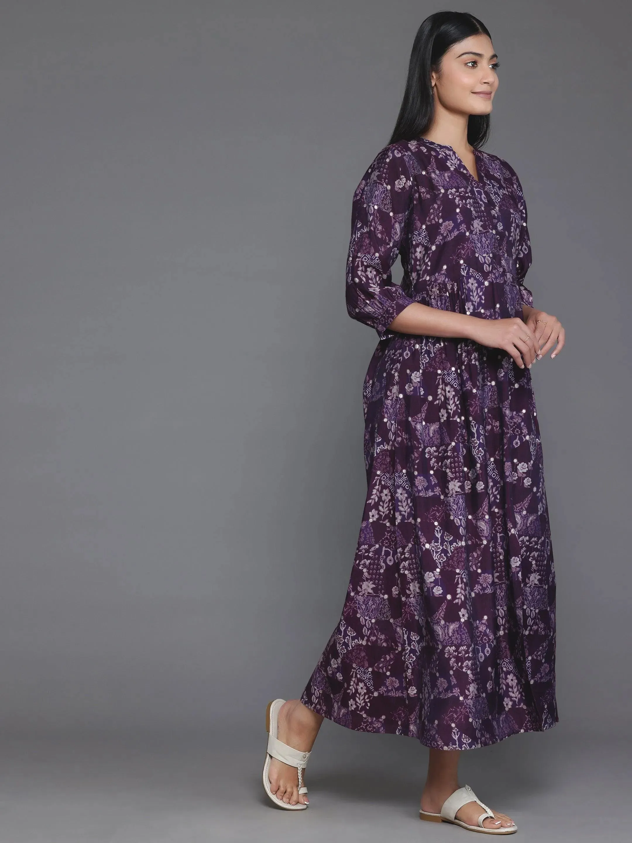 Purple Printed Silk Fit and Flare Dress