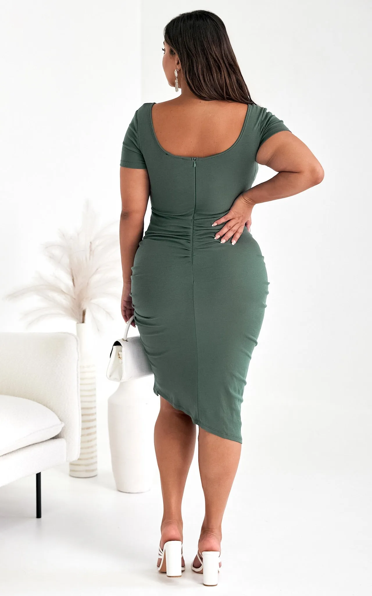 Quinnie Short Sleeve Midi Dress - Dark Sage