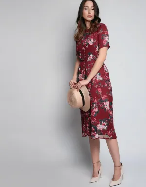 Red Floral Wrap Midi Dress