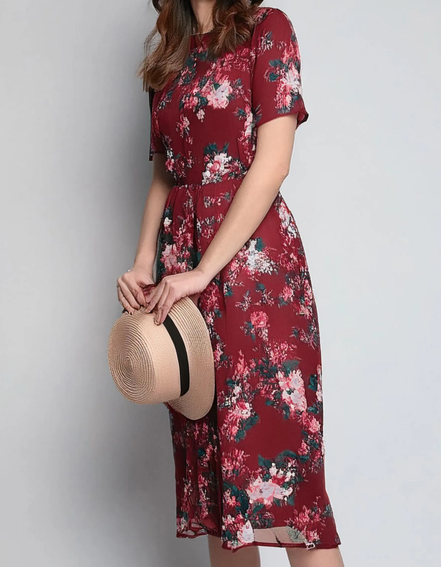 Red Floral Wrap Midi Dress