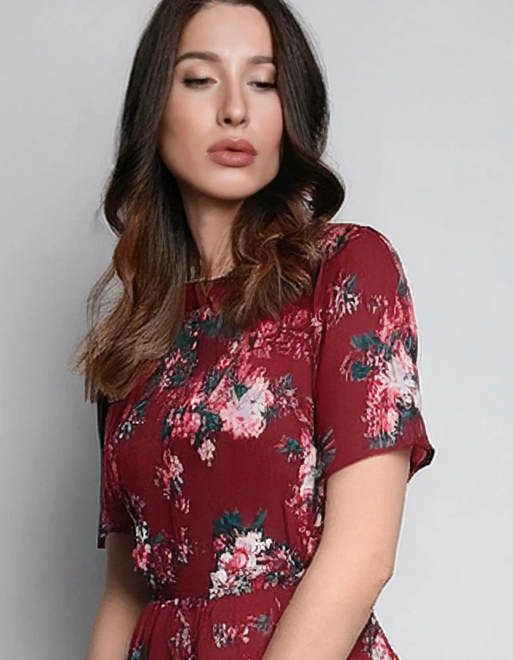 Red Floral Wrap Midi Dress