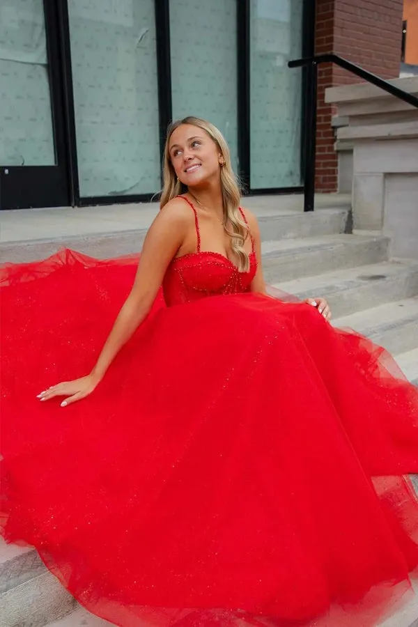 Red Straps Beaded Sparkly  A-Line Prom Dresses