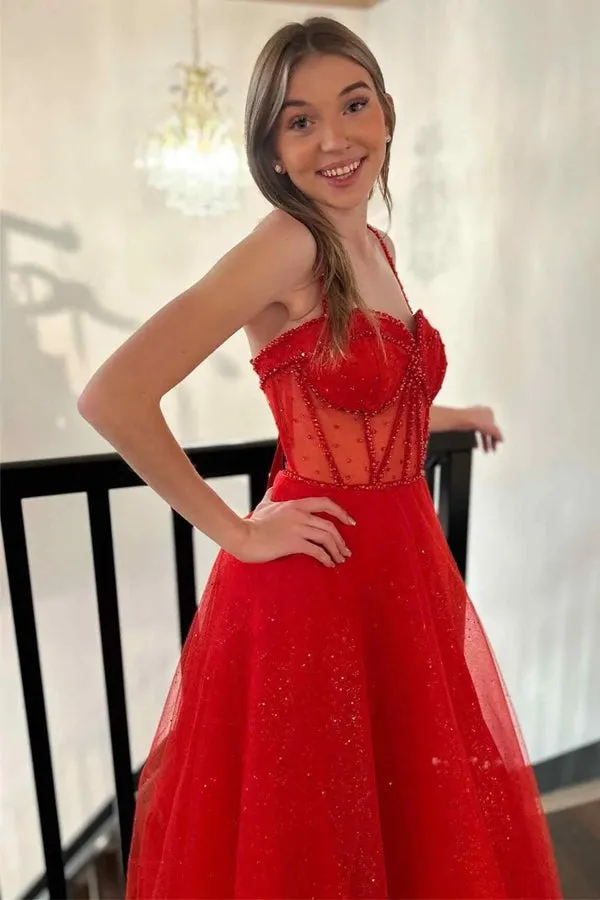 Red Straps Beaded Sparkly  A-Line Prom Dresses