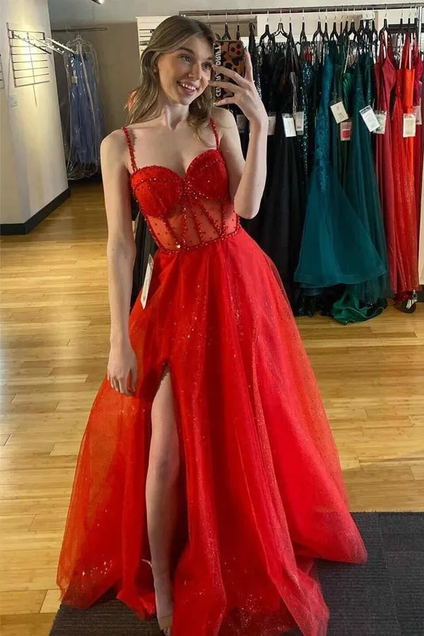 Red Straps Beaded Sparkly  A-Line Prom Dresses