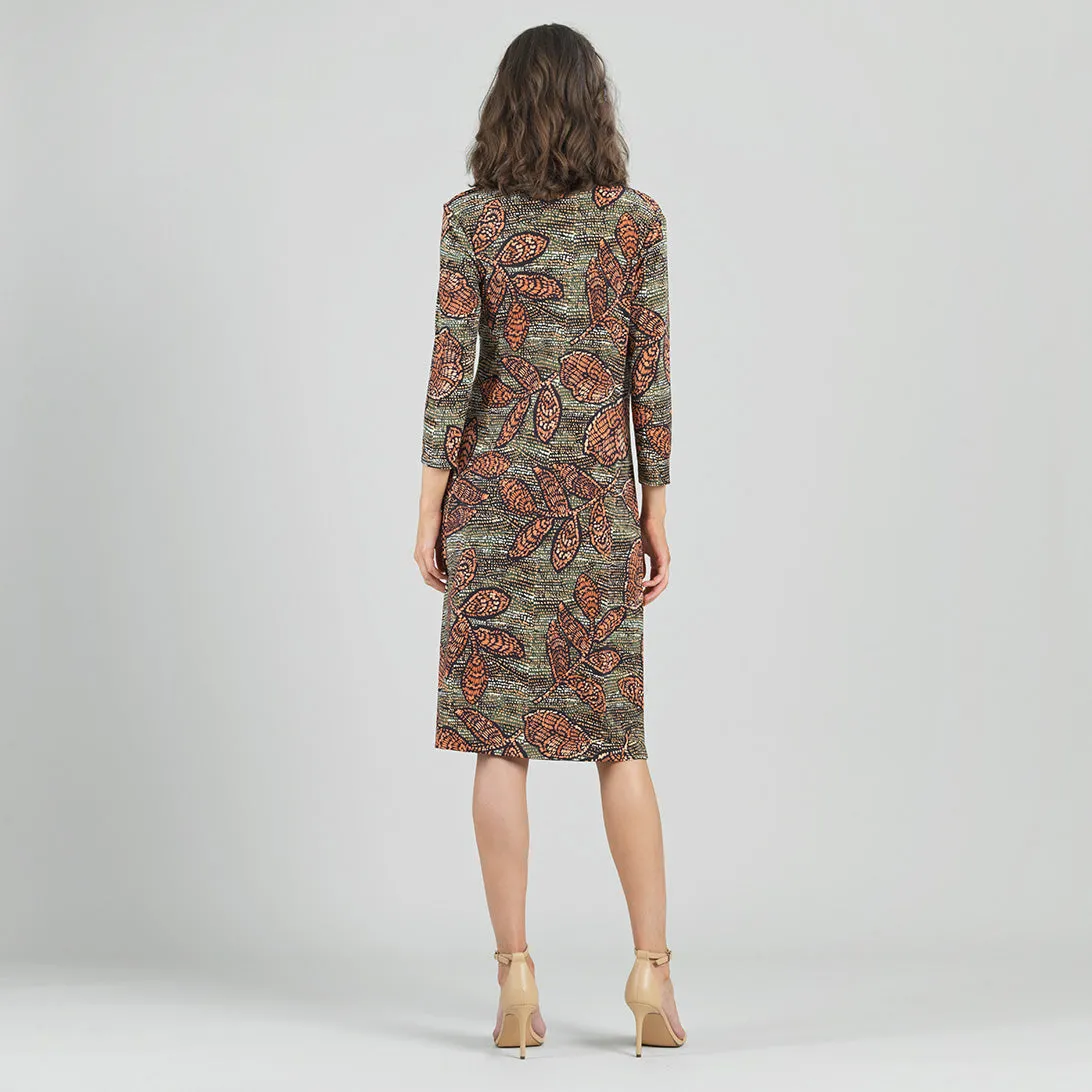 Side Slit 3/4 Sleeve Midi Dress - Mosaic Leaves