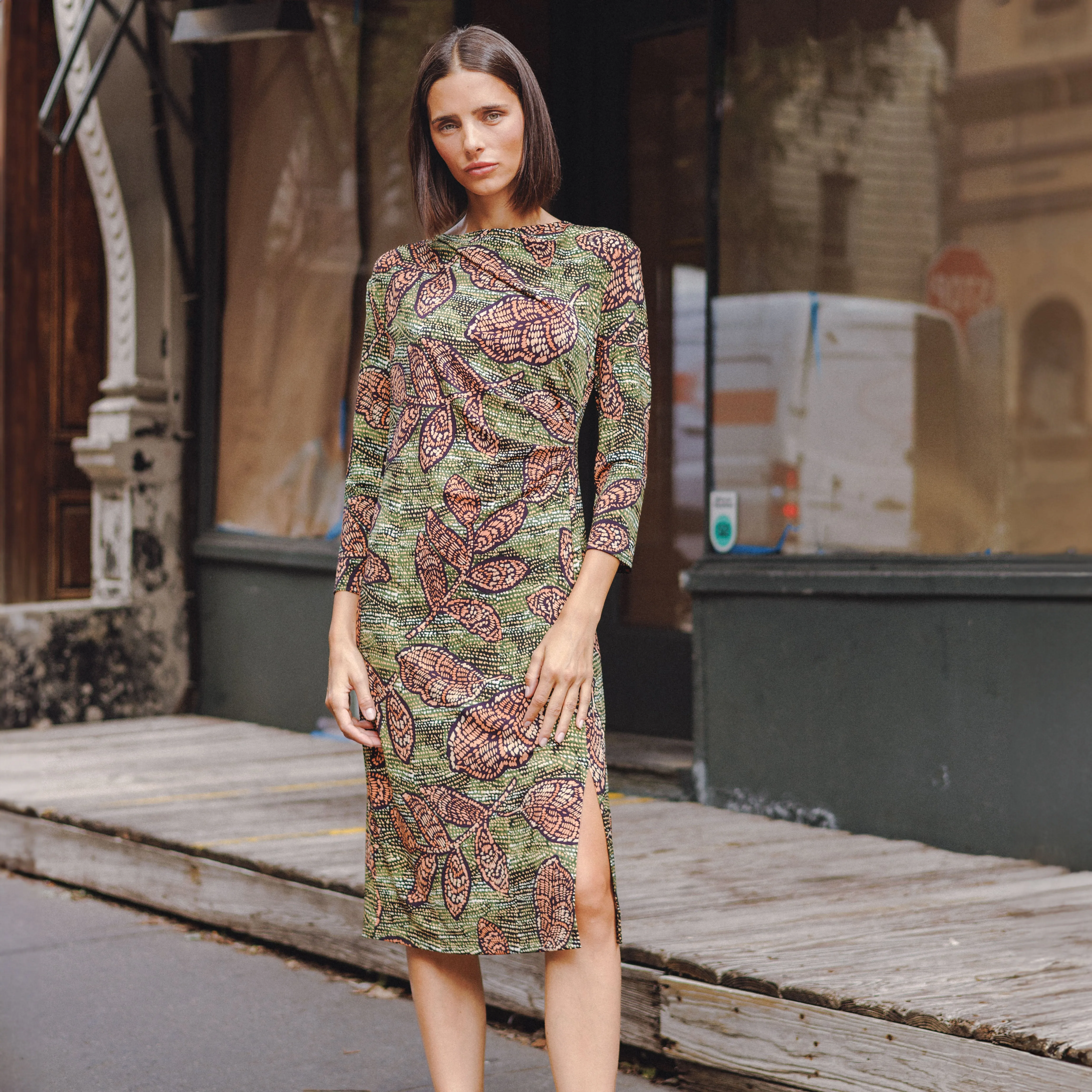 Side Slit 3/4 Sleeve Midi Dress - Mosaic Leaves