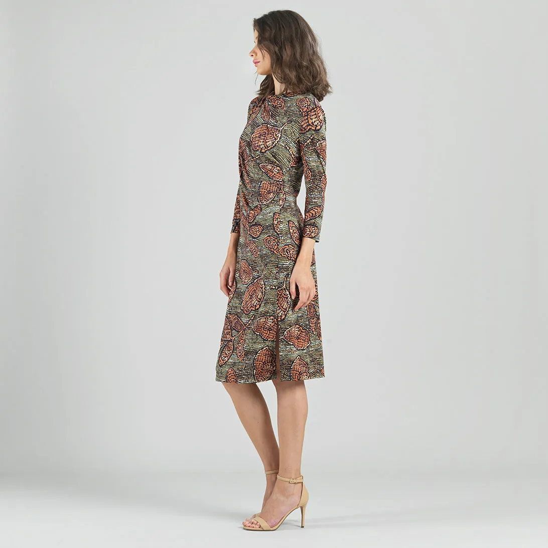 Side Slit 3/4 Sleeve Midi Dress - Mosaic Leaves