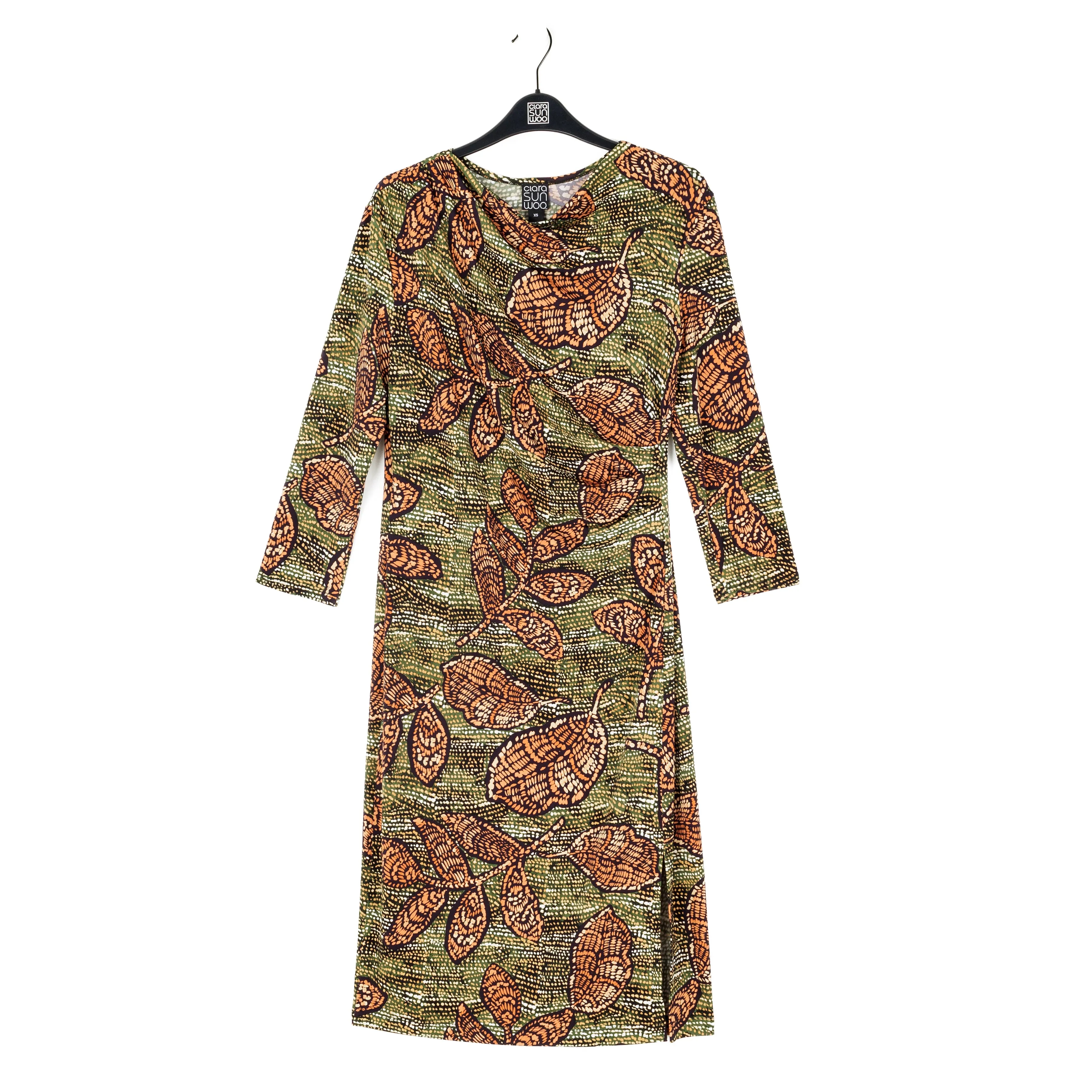 Side Slit 3/4 Sleeve Midi Dress - Mosaic Leaves