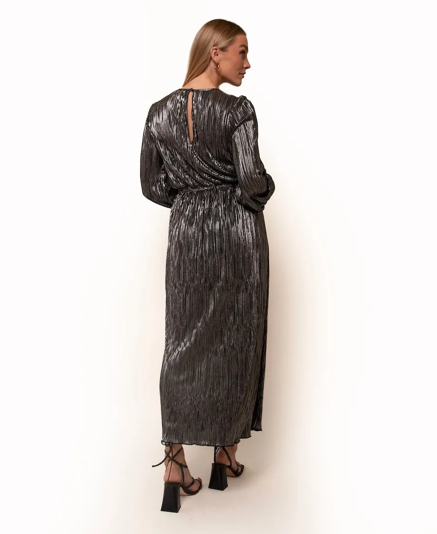 Silver Plisse Tie Front Midi Dress