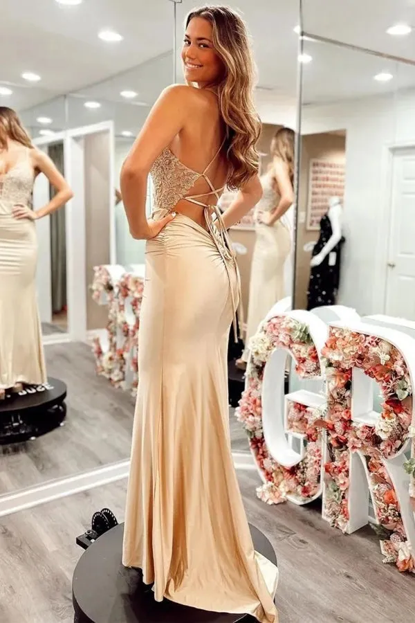 Spaghetti Straps Corset Back Long Champagne Prom Dresses