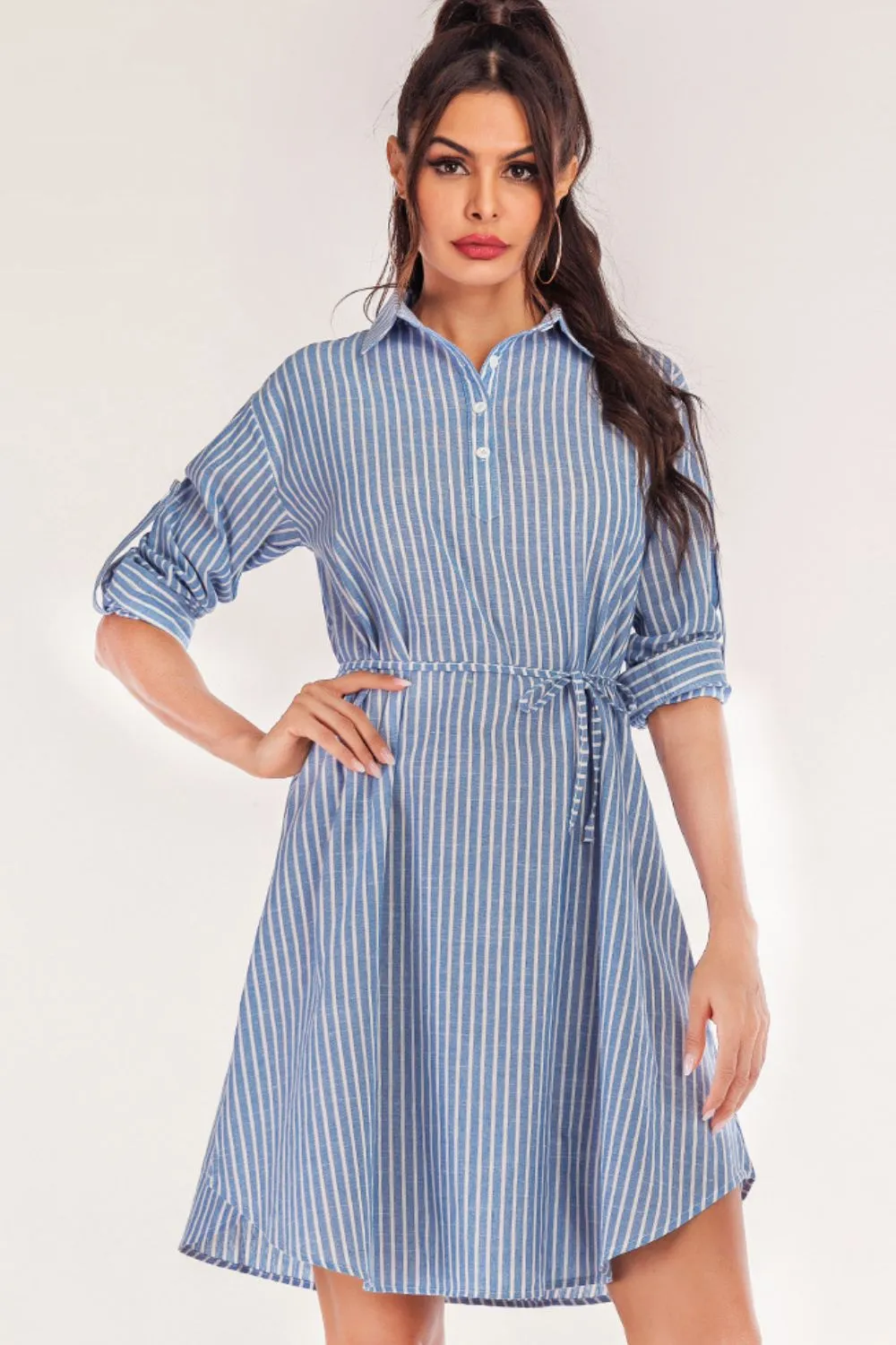 Striped Quarter-Button Roll-Tab Sleeve Shirt Dress