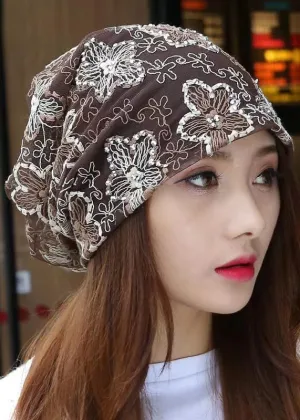 Stylish Coffee Floral Embroidery Zircon Bonnie Hat