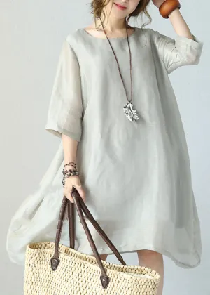 stylish gray pure silk dresses plus silk clothing dresses women o neck half sleeve midi dress