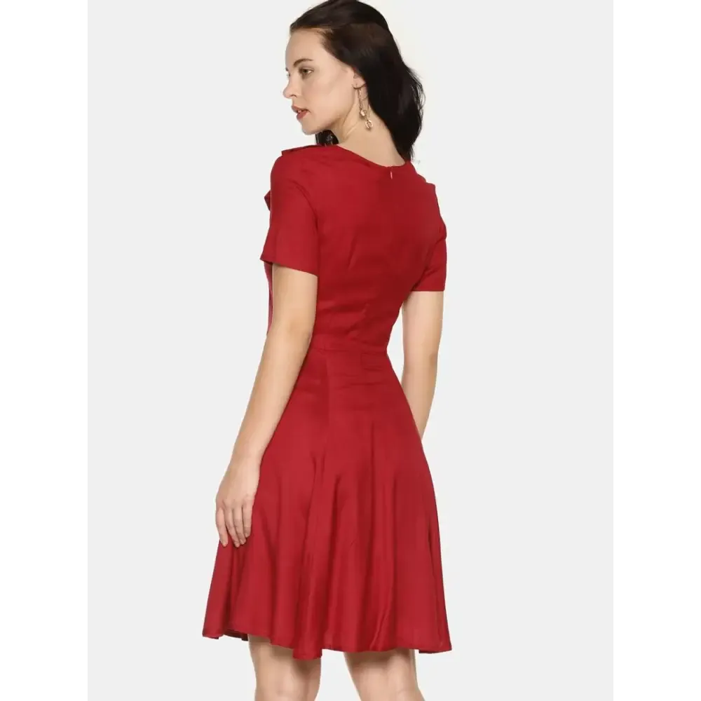 Stylish Rayon Maroon Solid Short Sleeves Bowknot Neck Dress For Women