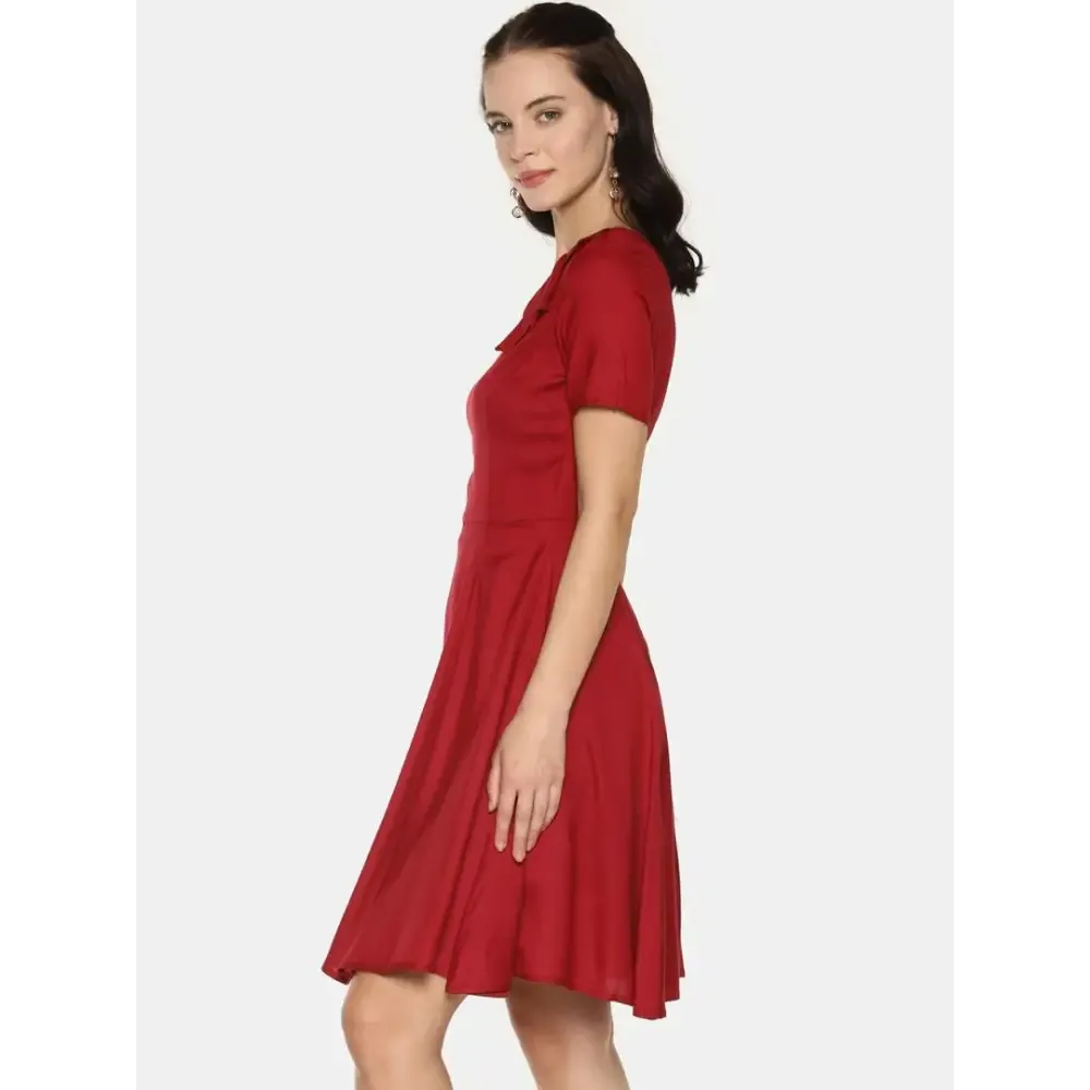 Stylish Rayon Maroon Solid Short Sleeves Bowknot Neck Dress For Women