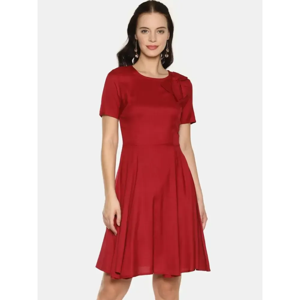 Stylish Rayon Maroon Solid Short Sleeves Bowknot Neck Dress For Women