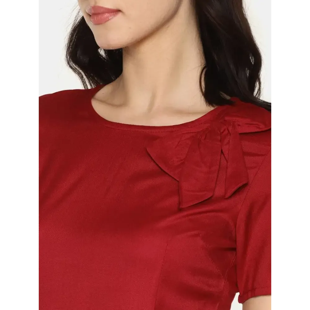 Stylish Rayon Maroon Solid Short Sleeves Bowknot Neck Dress For Women