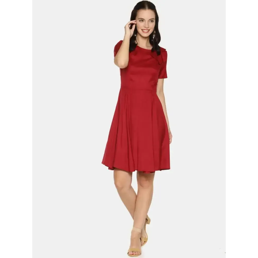 Stylish Rayon Maroon Solid Short Sleeves Bowknot Neck Dress For Women