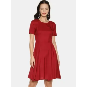 Stylish Rayon Maroon Solid Short Sleeves Bowknot Neck Dress For Women