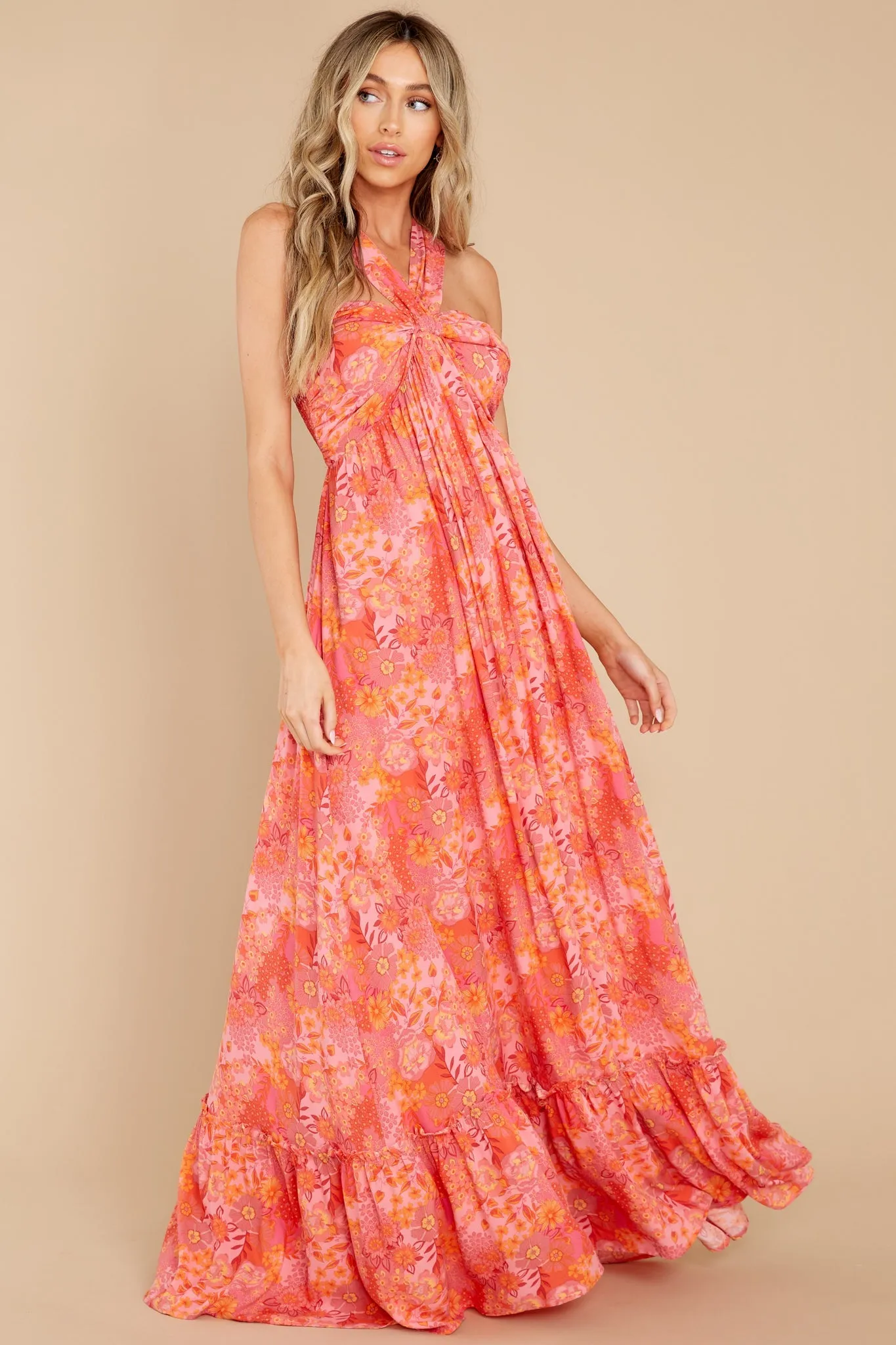 Sunset Memories Coral Floral Print Maxi Dress