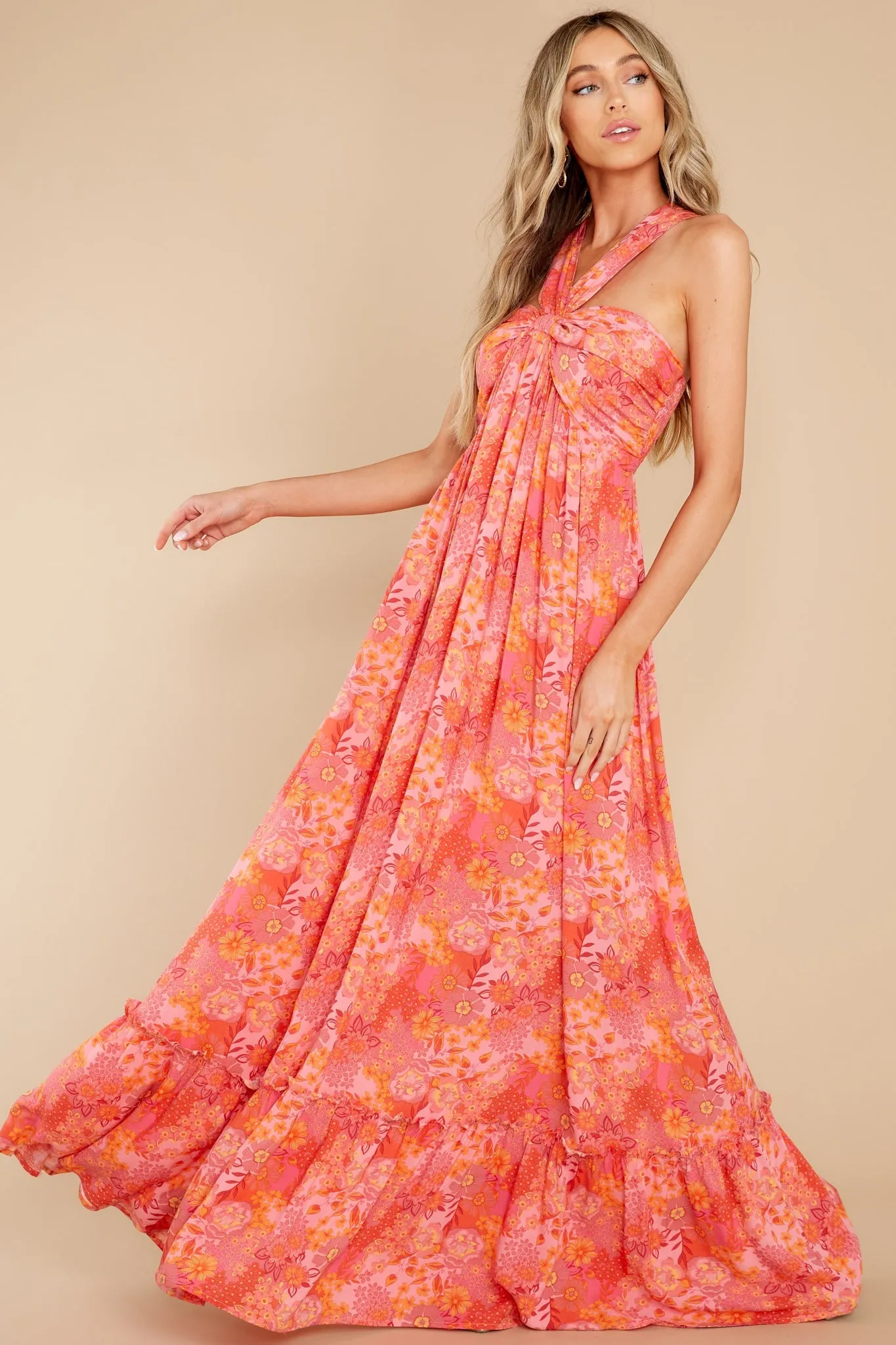 Sunset Memories Coral Floral Print Maxi Dress