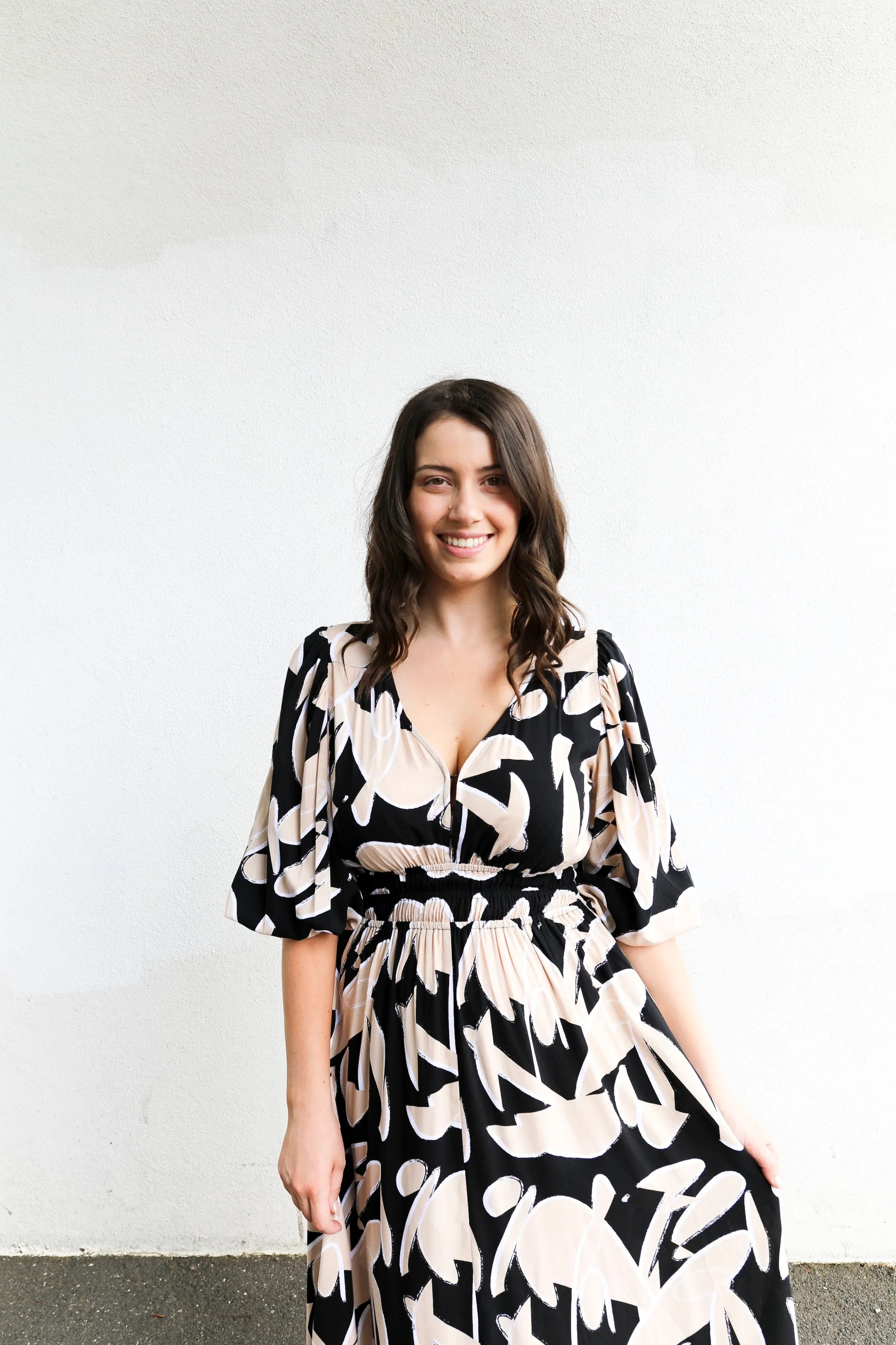 Sutton Dress (Taupe & Black Abstract Print)