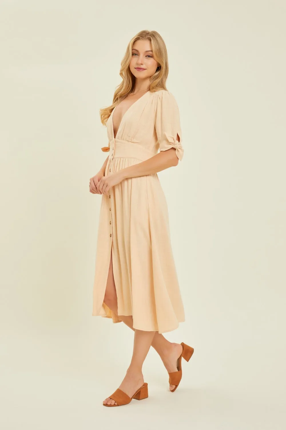 Textured Linen V-Neck Midi Dress