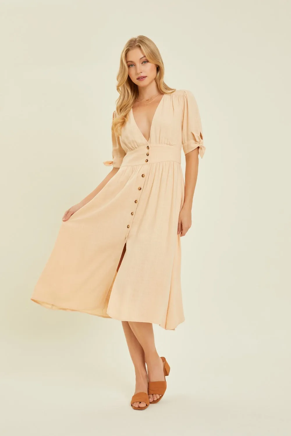 Textured Linen V-Neck Midi Dress