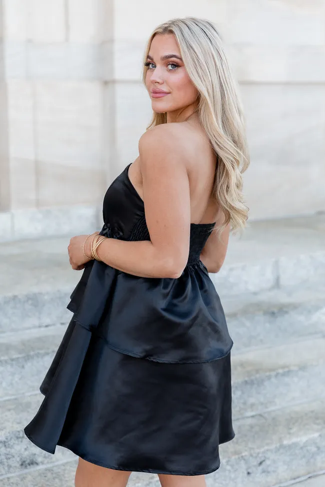 Time To Shine Black Satin Tiered Mini Dress FINAL SALE