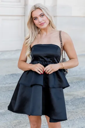 Time To Shine Black Satin Tiered Mini Dress FINAL SALE