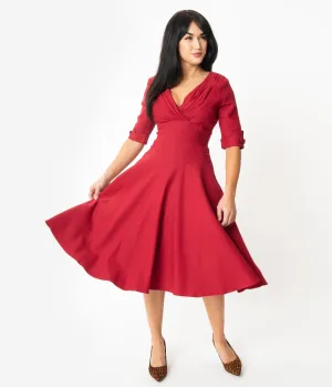 Unique Vintage 1950s Merlot Red Delores Swing Dress with Sleeves