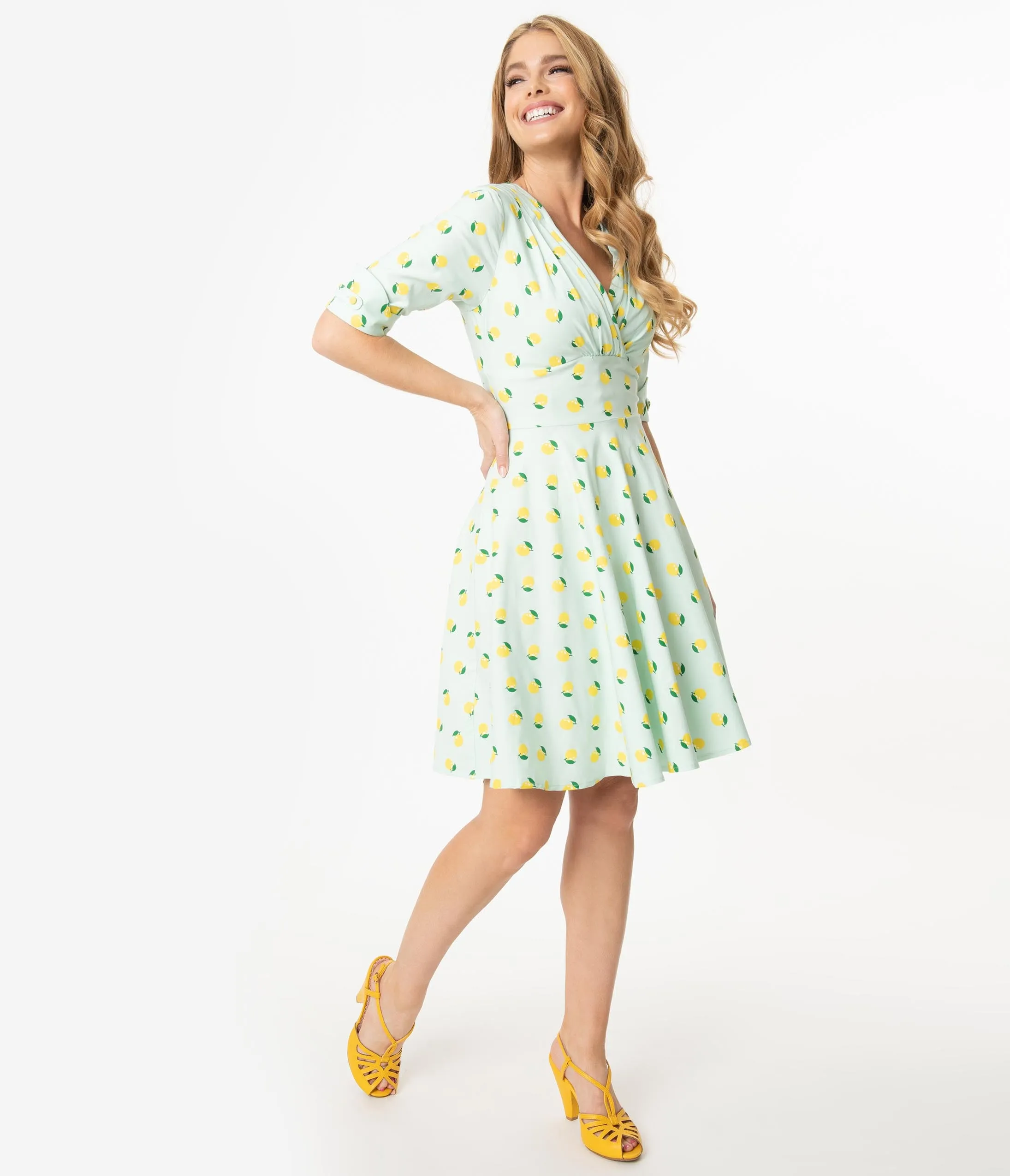 Unique Vintage Mint Lemon Print Delores Fit & Flare Dress