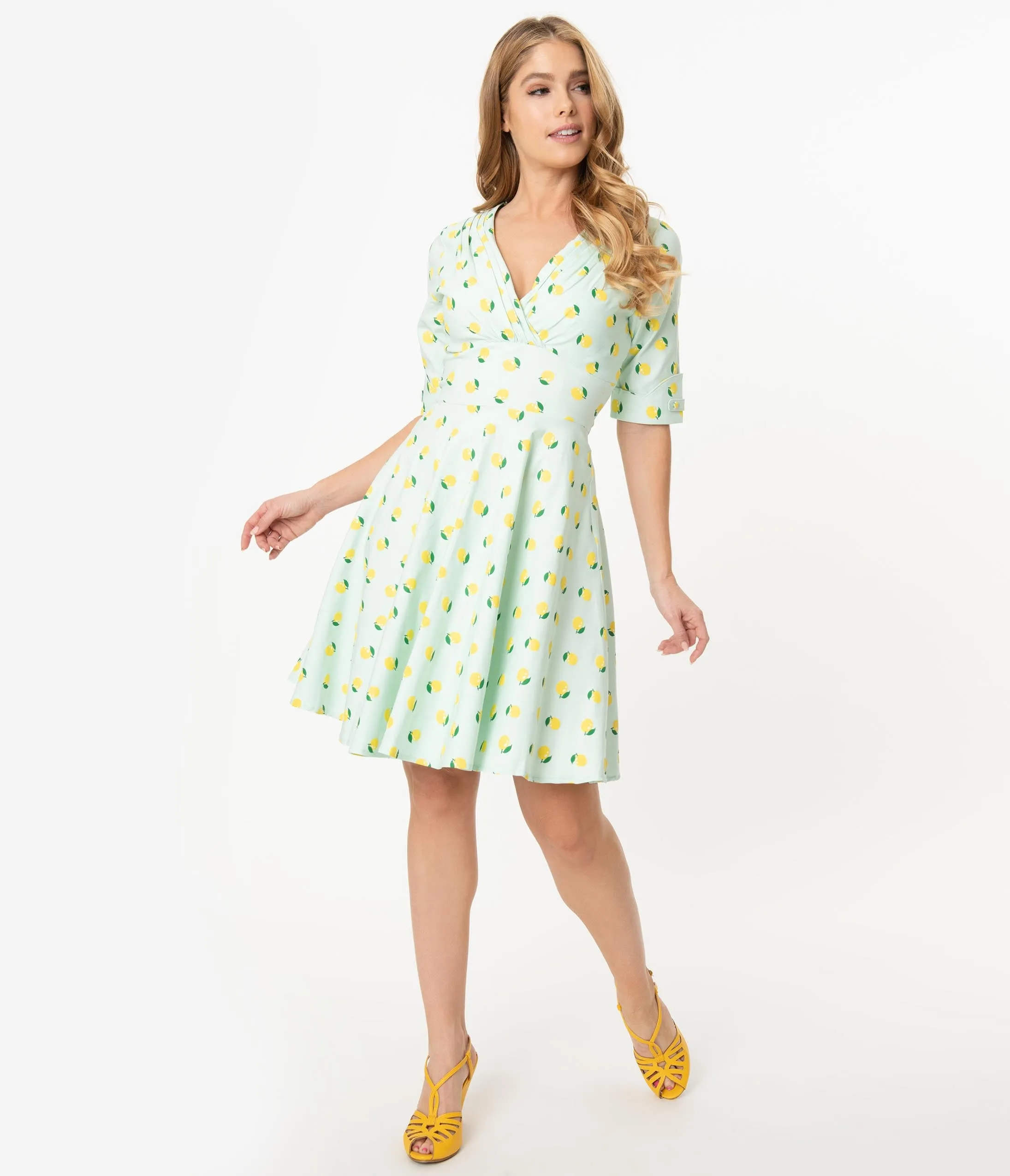 Unique Vintage Mint Lemon Print Delores Fit & Flare Dress