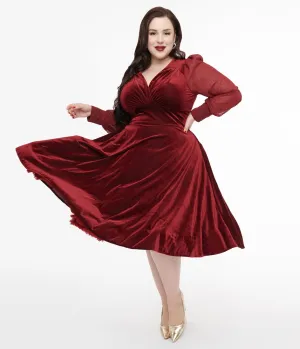 Unique Vintage Plus Size 1950s Berry Velvet Sheer Sleeve Delores Swing Dress