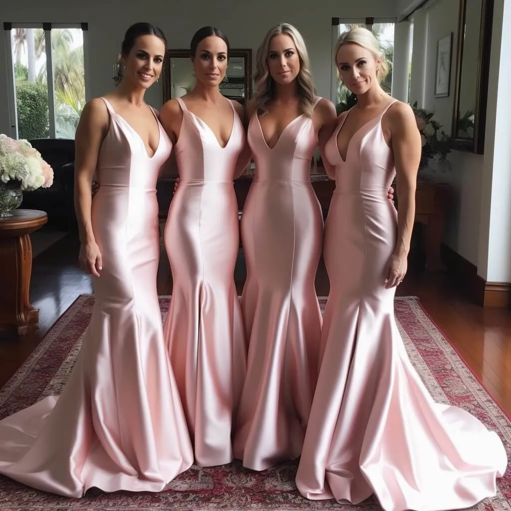 V Neck Long Pink Mermaid Bridesmaid Dresses Wedding Party Dresses