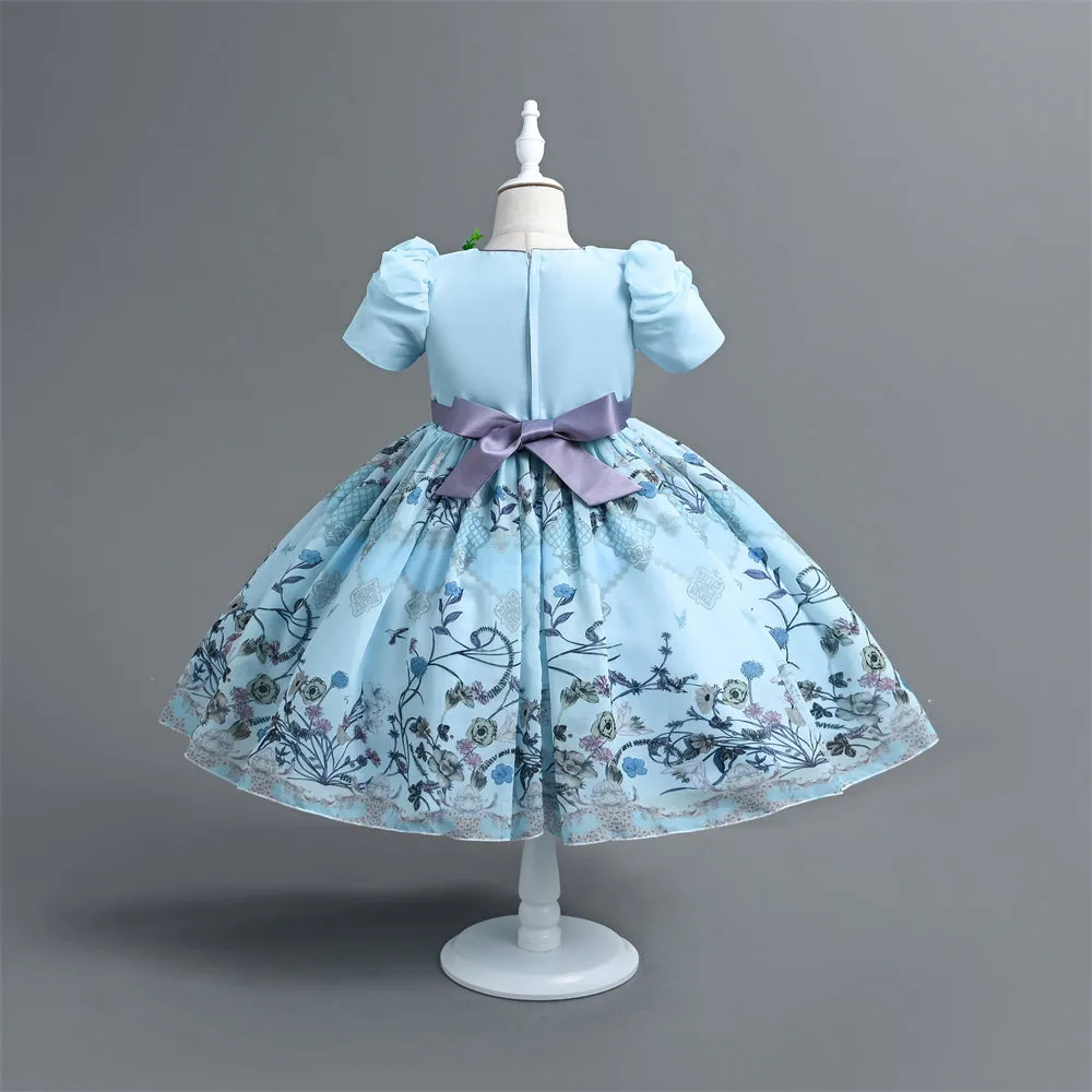 VE0194 Spring Summer Floral Children Clothes Girl Short Sleeve Mid Calf 2 In 1 Ruffles Decoration Chiffon Kids' Dresses