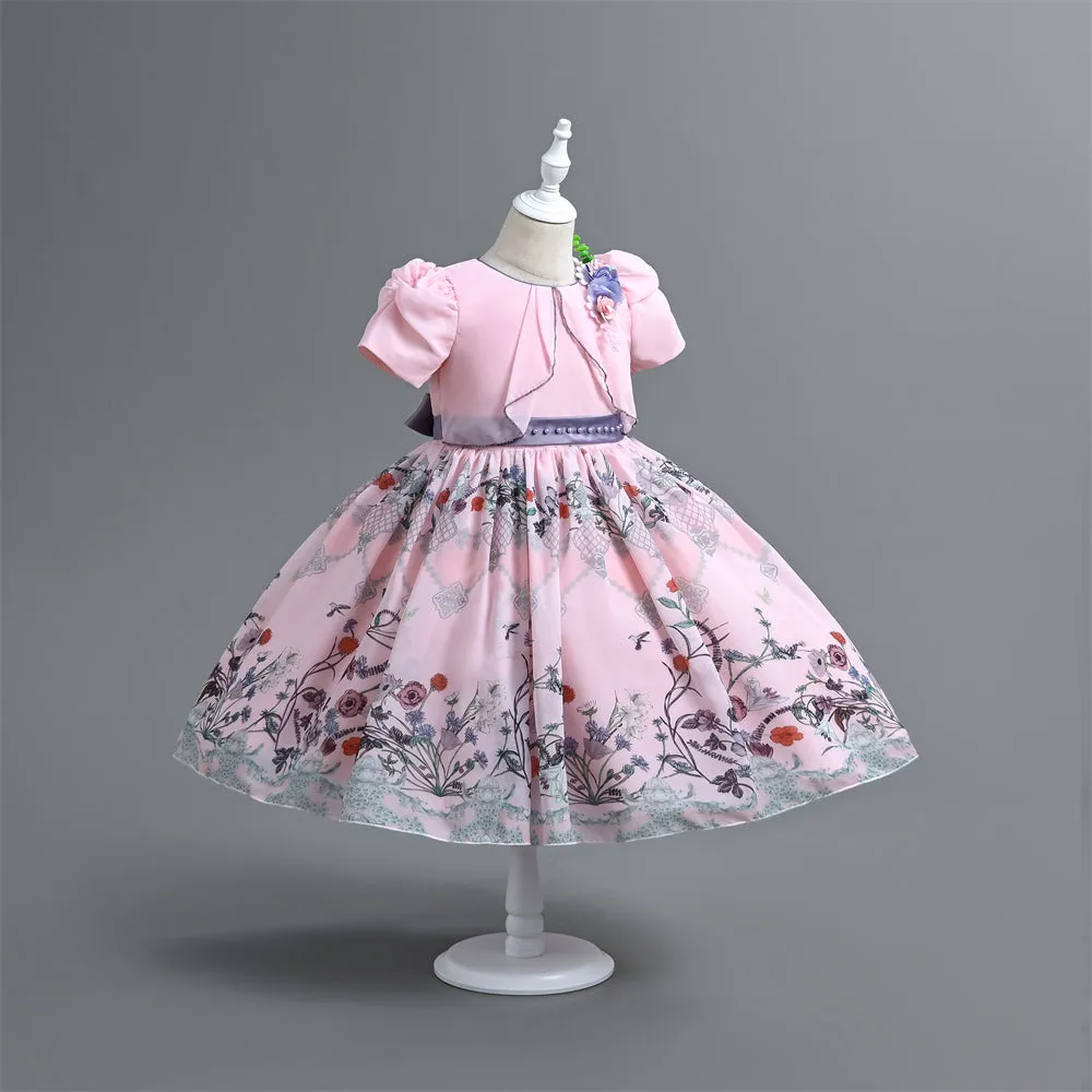 VE0194 Spring Summer Floral Children Clothes Girl Short Sleeve Mid Calf 2 In 1 Ruffles Decoration Chiffon Kids' Dresses