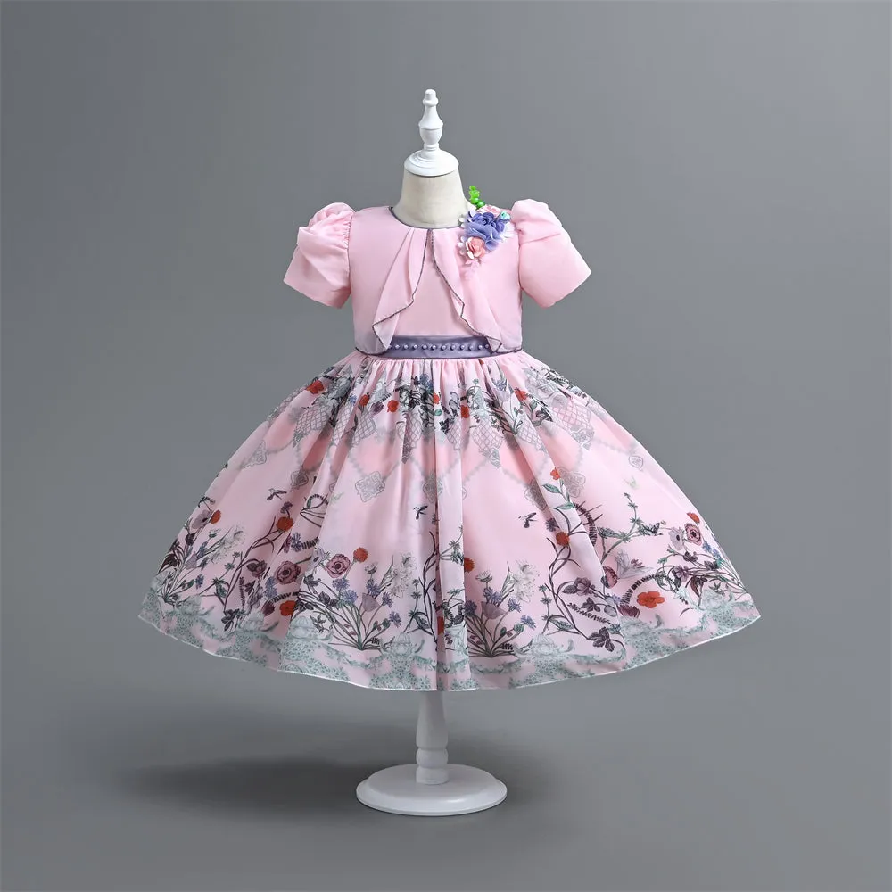 VE0194 Spring Summer Floral Children Clothes Girl Short Sleeve Mid Calf 2 In 1 Ruffles Decoration Chiffon Kids' Dresses