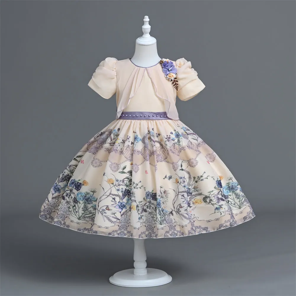 VE0194 Spring Summer Floral Children Clothes Girl Short Sleeve Mid Calf 2 In 1 Ruffles Decoration Chiffon Kids' Dresses