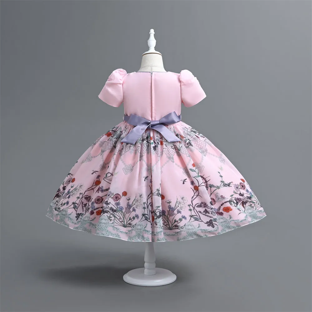 VE0194 Spring Summer Floral Children Clothes Girl Short Sleeve Mid Calf 2 In 1 Ruffles Decoration Chiffon Kids' Dresses