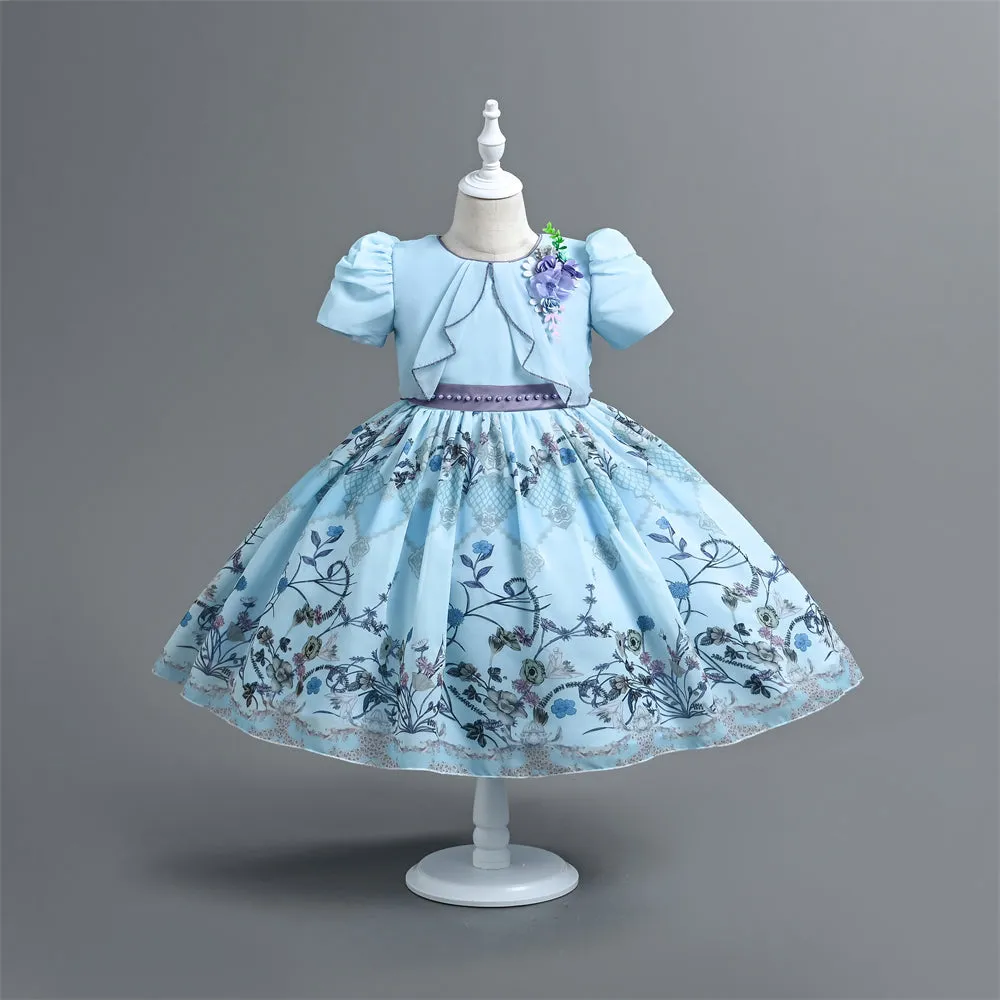 VE0194 Spring Summer Floral Children Clothes Girl Short Sleeve Mid Calf 2 In 1 Ruffles Decoration Chiffon Kids' Dresses