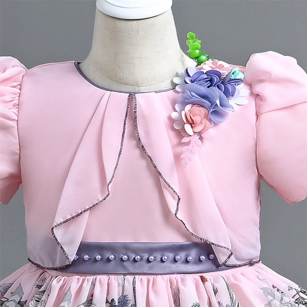 VE0194 Spring Summer Floral Children Clothes Girl Short Sleeve Mid Calf 2 In 1 Ruffles Decoration Chiffon Kids' Dresses