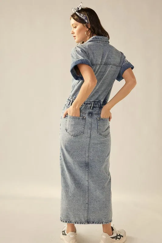 Vintage Blue Washed Denim Front Slit Short Sleeve Midi Dress