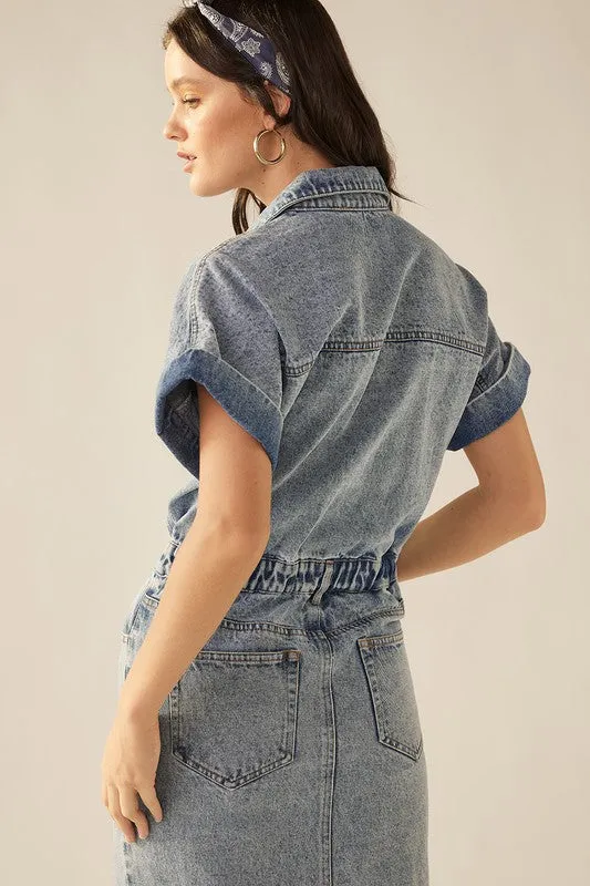 Vintage Blue Washed Denim Front Slit Short Sleeve Midi Dress