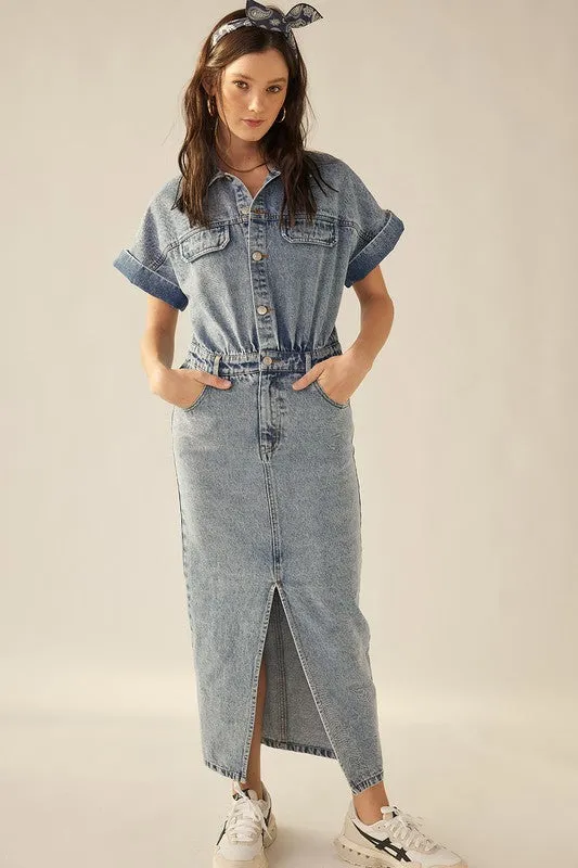 Vintage Blue Washed Denim Front Slit Short Sleeve Midi Dress