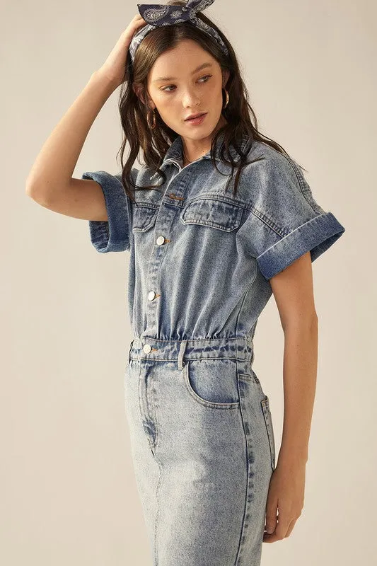 Vintage Blue Washed Denim Front Slit Short Sleeve Midi Dress