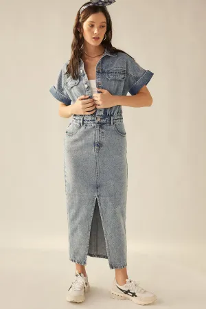 Vintage Blue Washed Denim Front Slit Short Sleeve Midi Dress