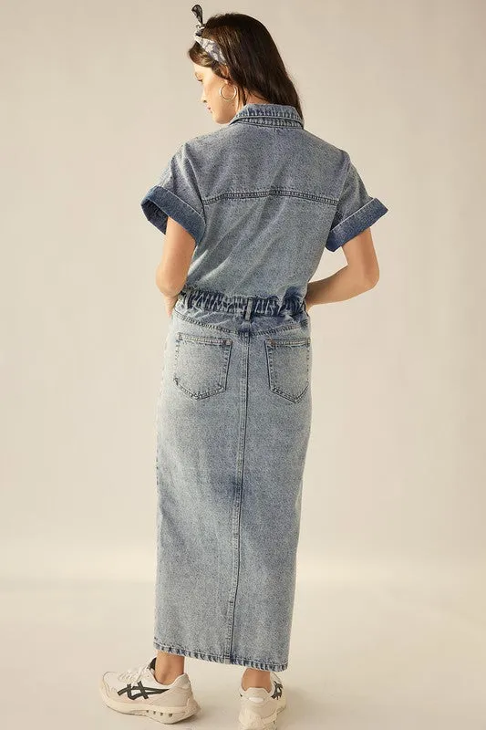 Vintage Blue Washed Denim Front Slit Short Sleeve Midi Dress