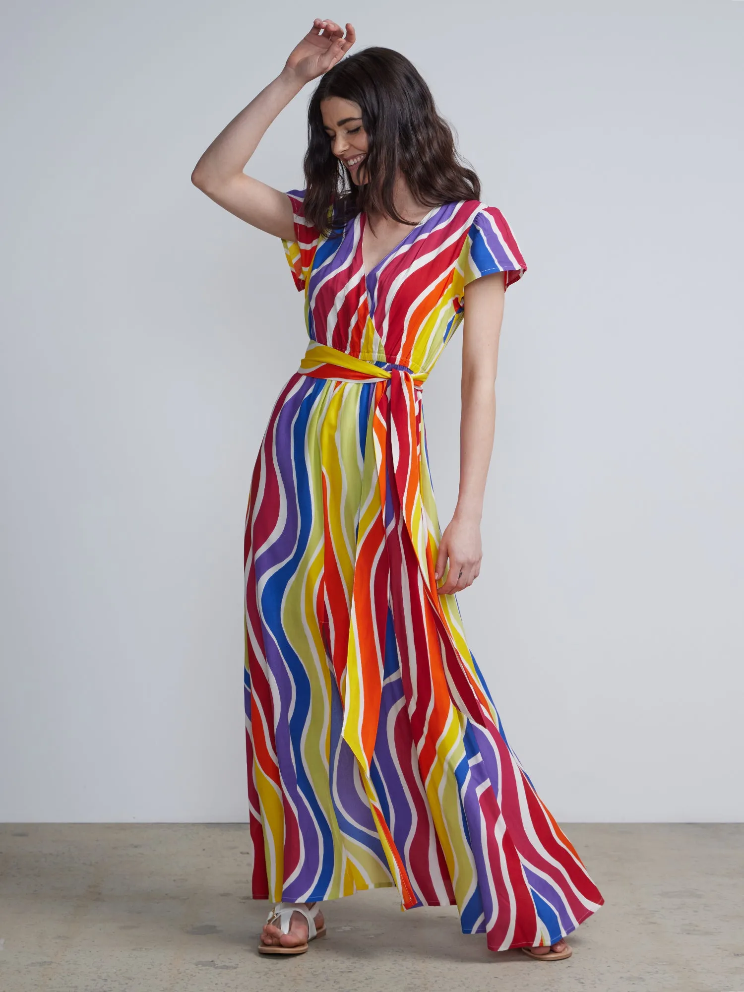 Wavy-Print Tie-Waist Maxi Dress